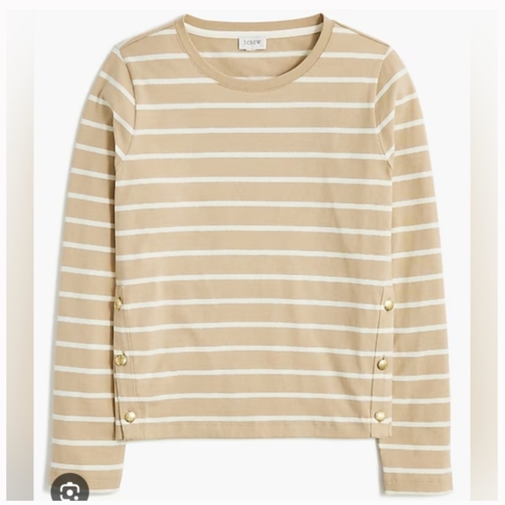 NWT J. Crew Beige and White Striped Crew Neck Long Sleeve Top with Gold Accents